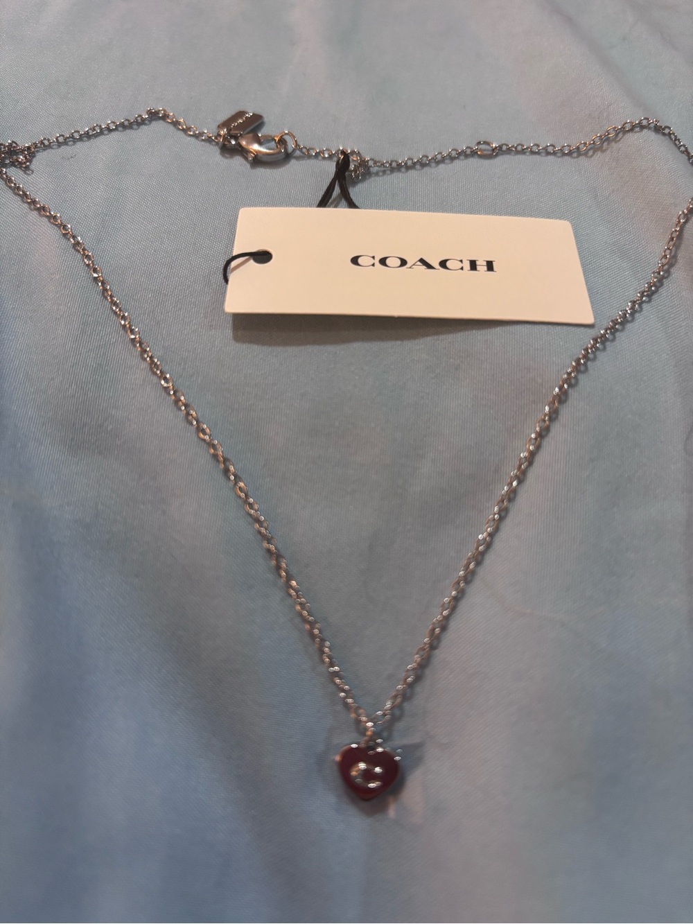 COACH Silver Chain Necklace with Red Heart Pendant